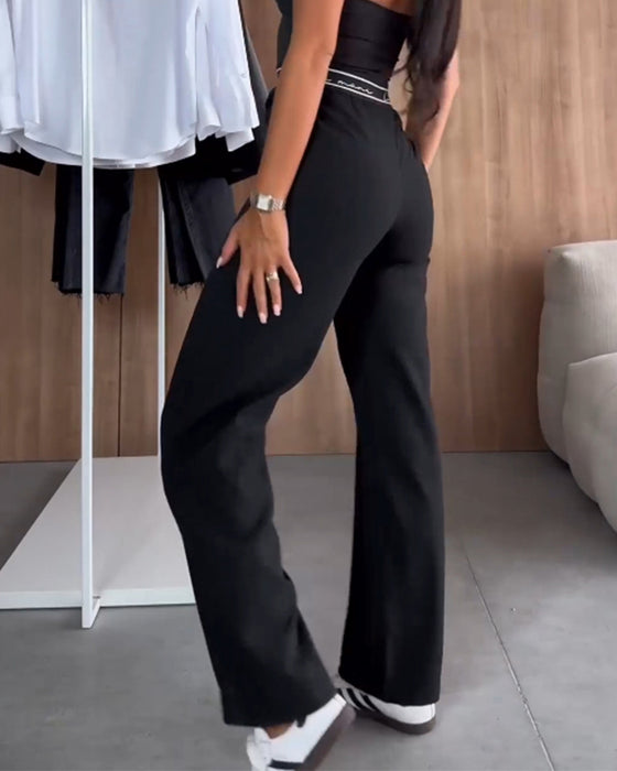 Pantalon droit décontracté de couleur unie avec poche zippée