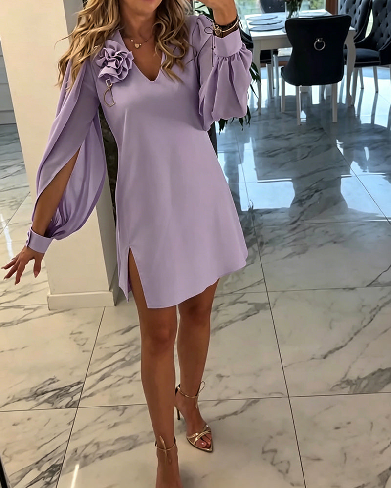 Robe Fleur Tridimensionnelle Col V Manche Lanterne