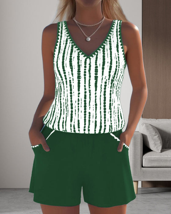 Maillot de bain décontracté à poches et col en V imprimé deux pièces