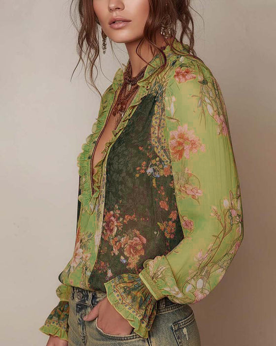 Demi-Zip Imprimé Fleuri Blouse