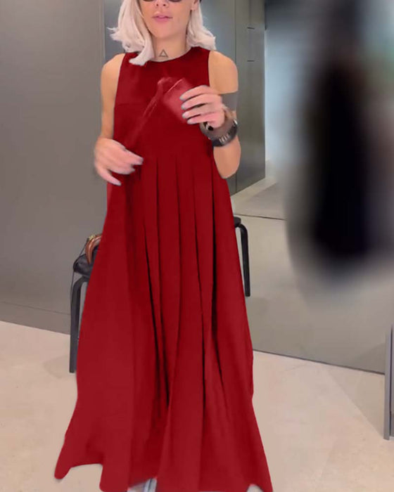 Robe débardeur plissée élégante de couleur unie