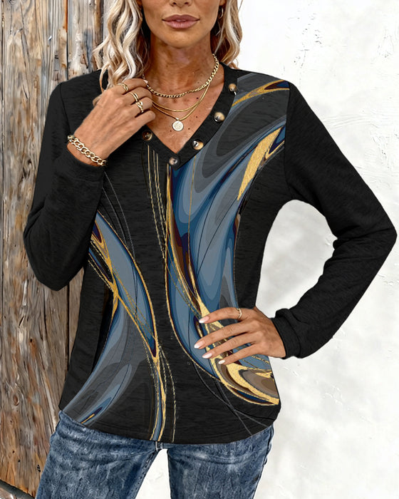 Haut Imprimé Décontracté À Col V Et Manches Longues