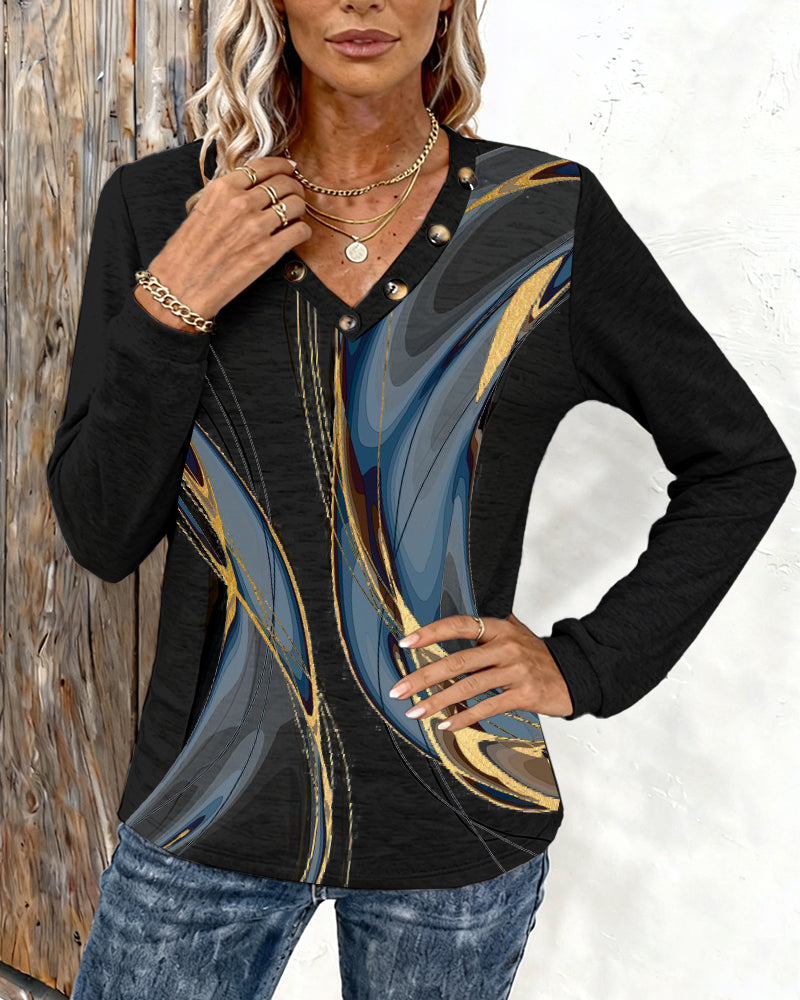 Haut Imprimé Décontracté À Col V Et Manches Longues