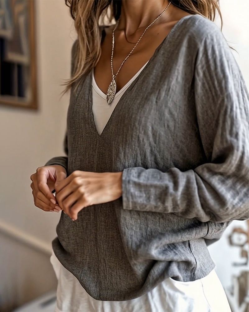 Haut À La Mode Manches Longues Couture Couleur Contrastée