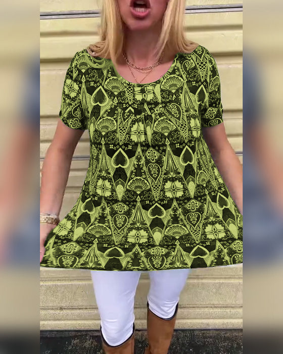 T-shirt décontracté rétro col rond imprimé