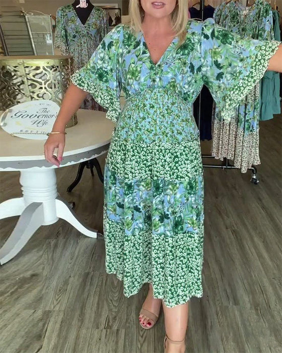 Robe Encolure En V Manche Lotus Fleuri