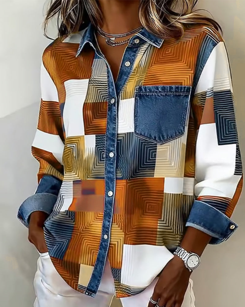 Chemise Color Block Revers À La Mode