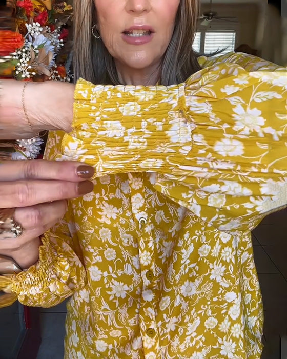 Blouse avec des Détails de Boutons Rétro et des Petits Motifs Floraux