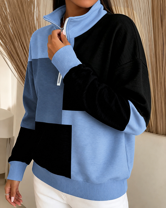 Sweatshirt À Carreaux Bloc-Couleur Fermeture Éclair Col-Debout