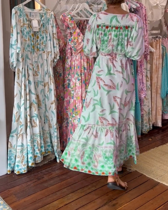 Robe longue femme col V imprimé feuilles