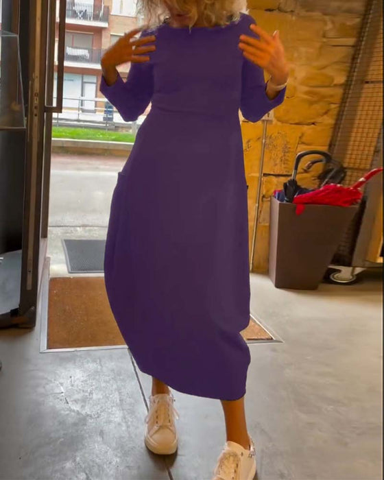 Robe unie à col rond, manches longues et poche