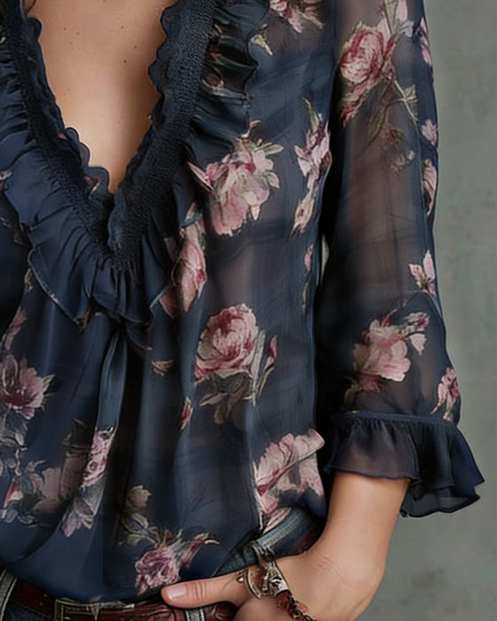 Blouse Fleuri Col V Froncé