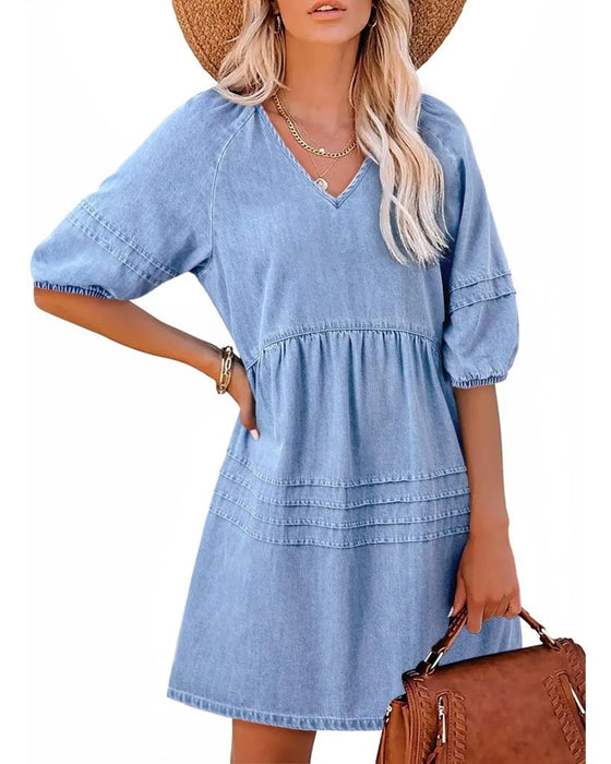 Robes Denim Col V Manche Bouffante