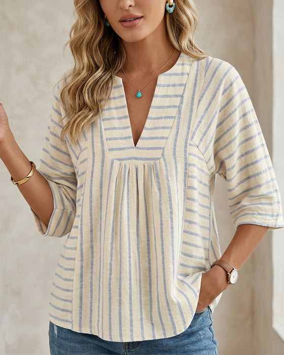 Blouse Rayure Texture Demi Manche Décontractée