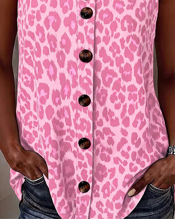 Tank Top Léopard Bretelle Spaghetti Bouton Boucle Métallique