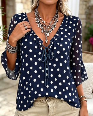 Blouse À Pois Col En V Attacher Décontractée