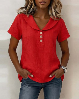 T-Shirt Col En V Col Peter Pan Bouton Manches Courtes