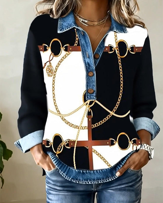 Sweat Denim Patchwork Impression Chaîne