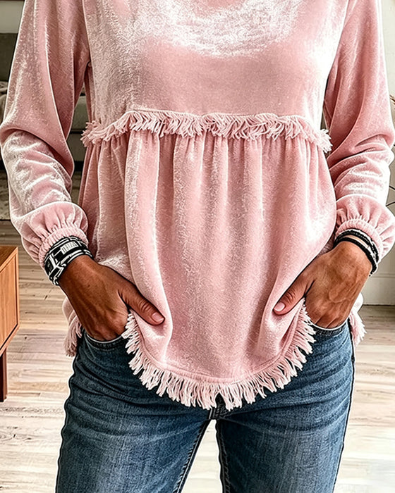 Blouse Frange Froncée Panneau Manches Longues