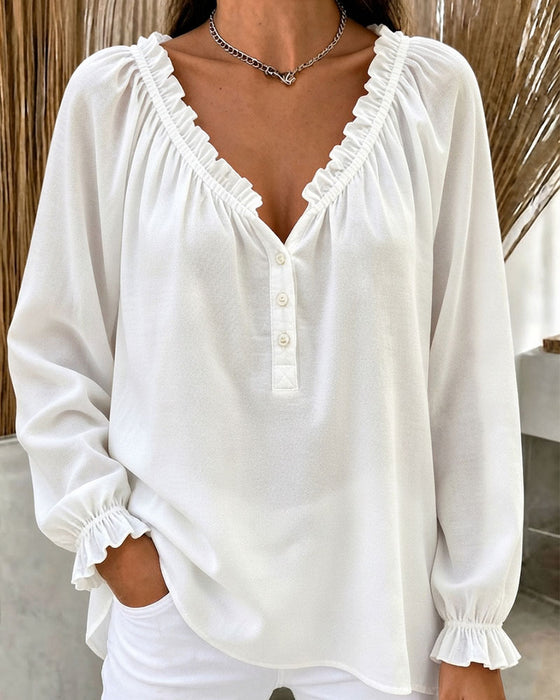 Blouse Volant Bord Manches Longues Col En V