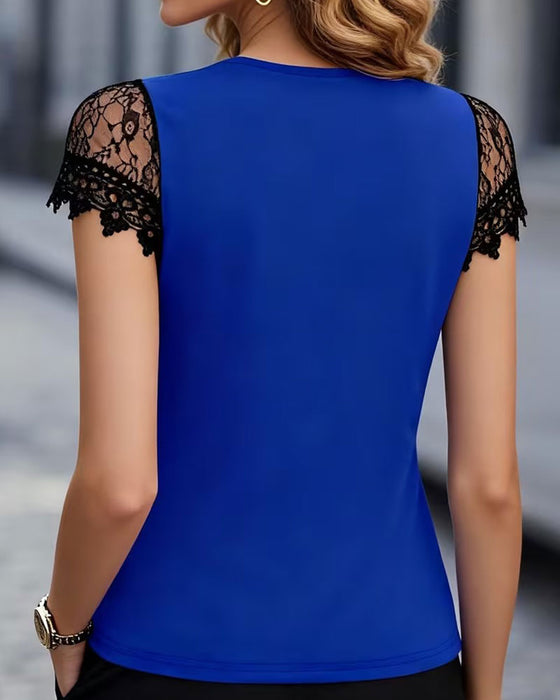 T-Shirt Col En V Dentelle Patchwork Slim Fit