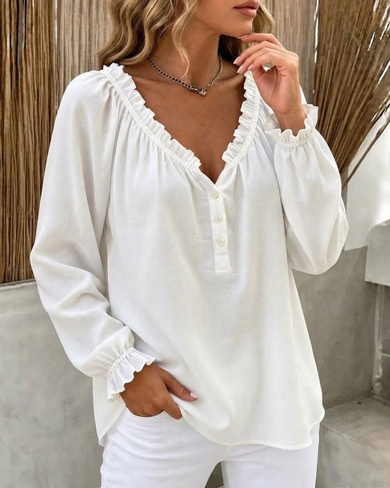 Blouse Volant Bord Manches Longues Col En V