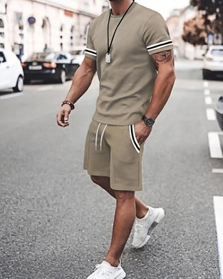 Ensemble Décontracté D'Été 2 Pièces Homme T-Shirt À Liseré Contrasté Et Short De Sport