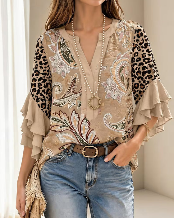 Blouse Léopard Imprimé Panneau Volant Manche