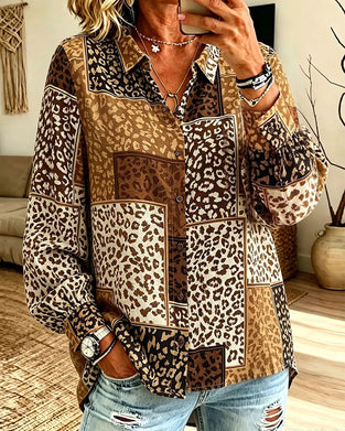 Chemise Revers Bouton Léopard À Carreaux