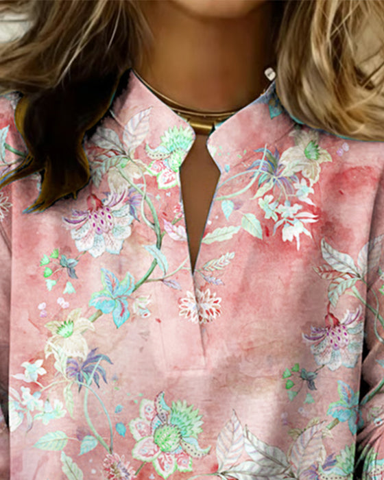 Blouse Col Monté Manches Longues Fleuri