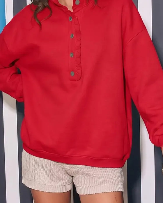 Sweat Volant Boutonné Manches Longues Loose