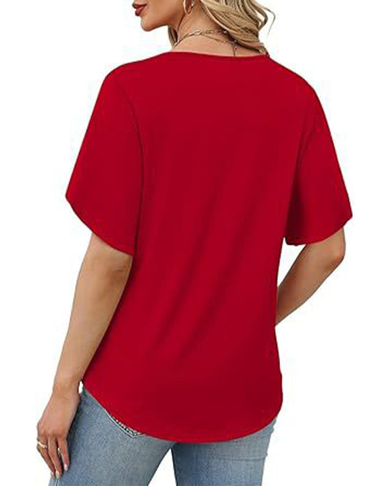 T-Shirt Col En V Petite Fente Manches Courtes Unie