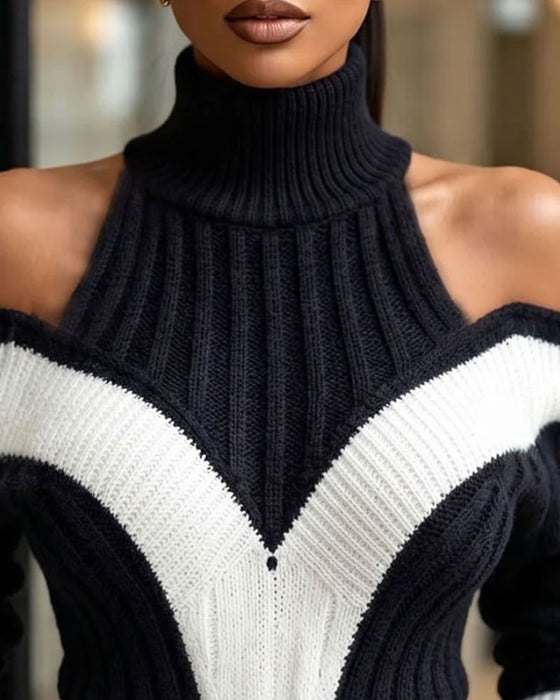 Pullover Col Roulé Épaules Nues Bloc Couleur