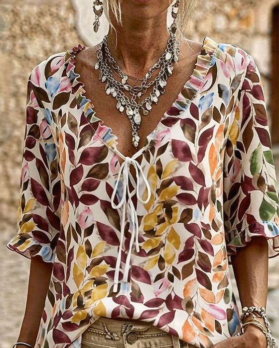 Blouse Décontractée Imprimée À Manches À Volants