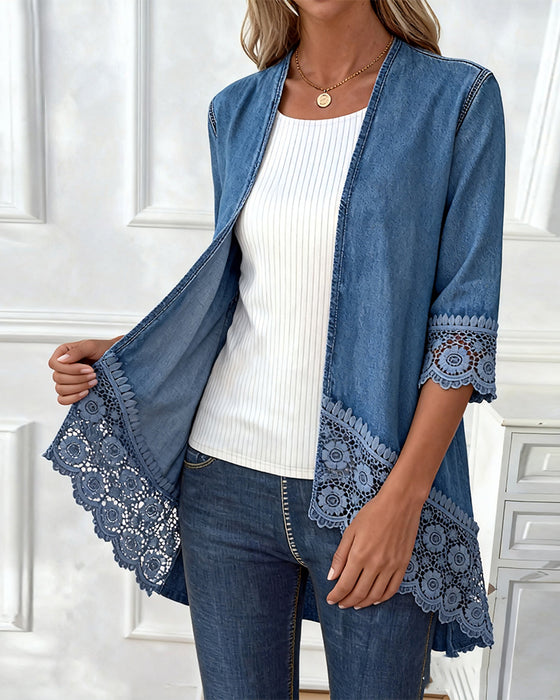 Manteau Patchwork En Denim Avec Dentelle Crochetée