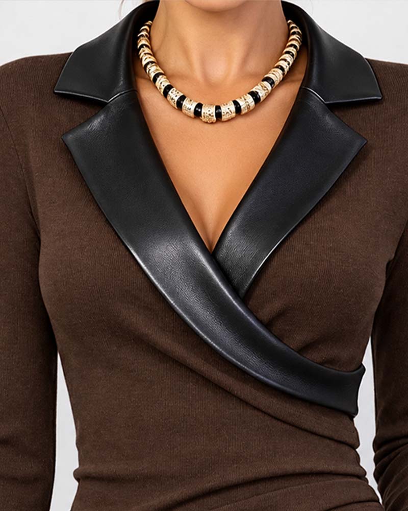 Haut PU Col Croisé Manches Longues
