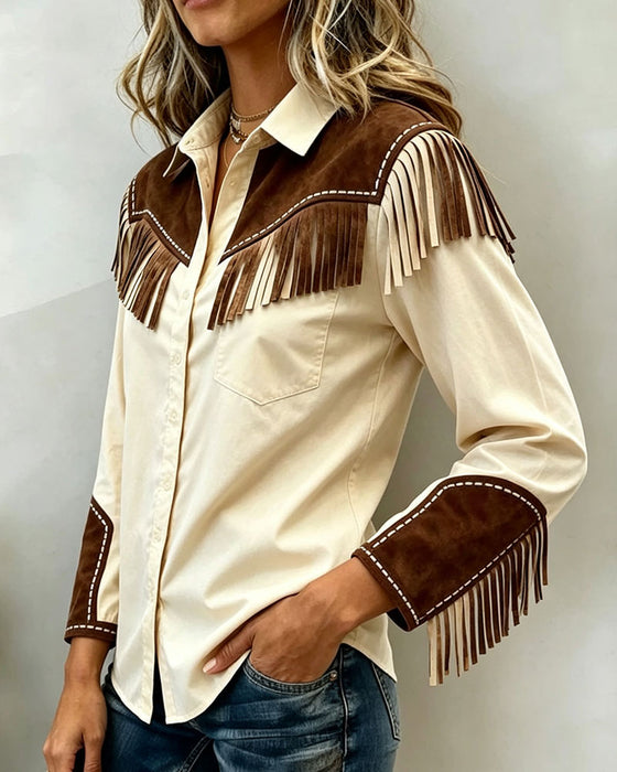 Chemise Frangée Assemblage Contraste Couleur Manche Longue