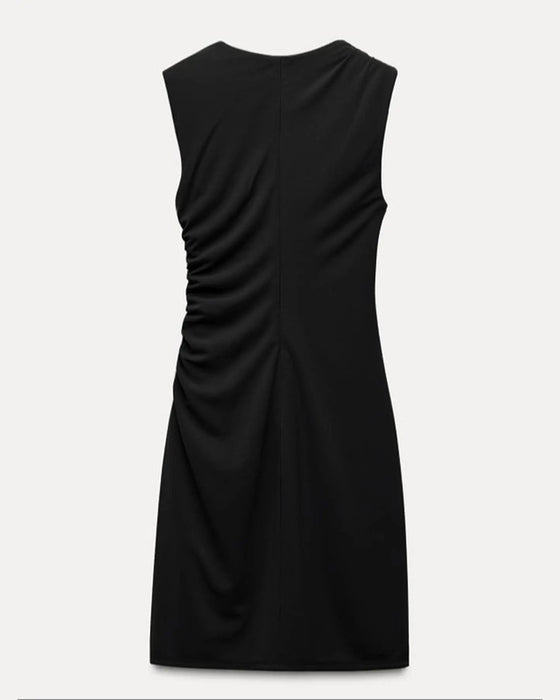 Robe Couleur Unie Col Rond Sans Manches Drapé Asymétrique