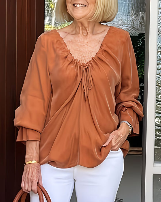 Blouse Col V Froncée Attache Décontractée
