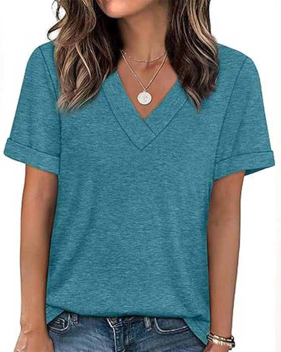 T-Shirt Unie Col En V Décontracté Manches Courtes