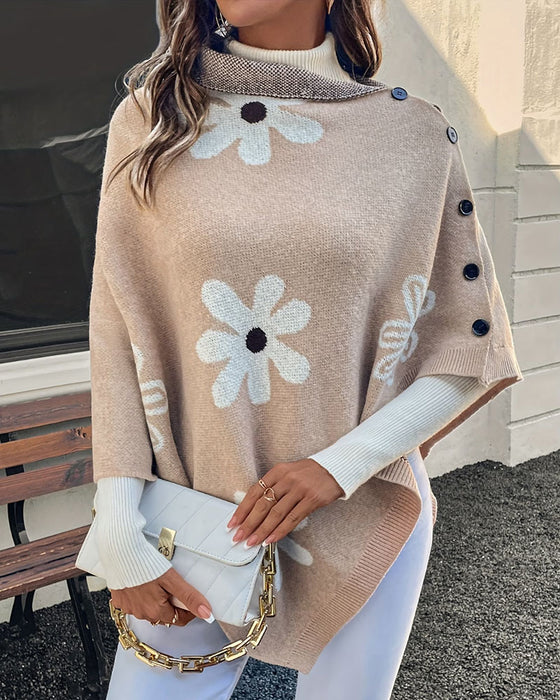 Pullover Imprimé Marguerite Bouton Latéral Châle Pull