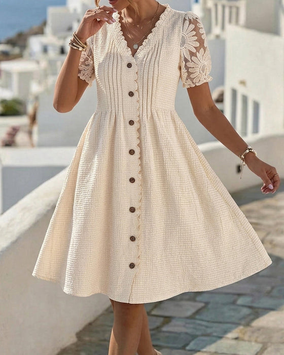 Robe Manches Ballon Tournesol Dentelle Patchwork