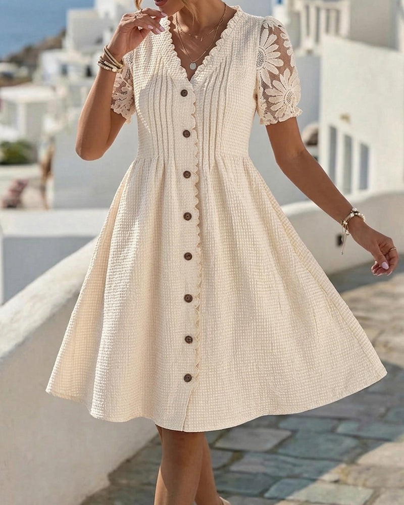 Robe Manches Ballon Tournesol Dentelle Patchwork