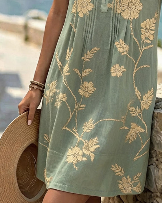 Robe Col Rond Sans Manches Bouton Plissé Imprimé