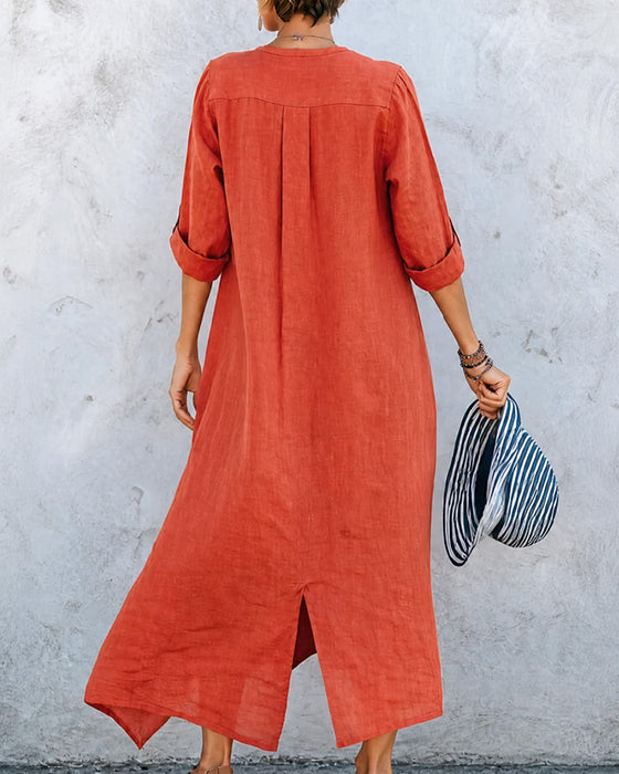 Robe Col En V Bouton Coupe A Longue