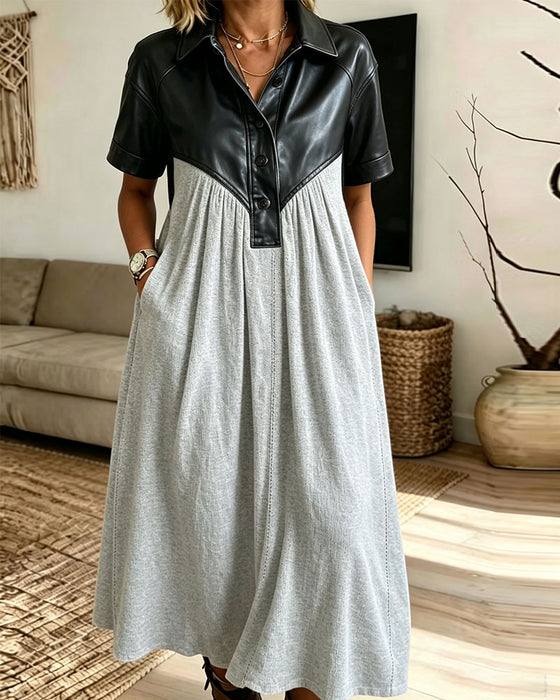 Robe PU Cuir Patchwork Manches Courtes Chemise