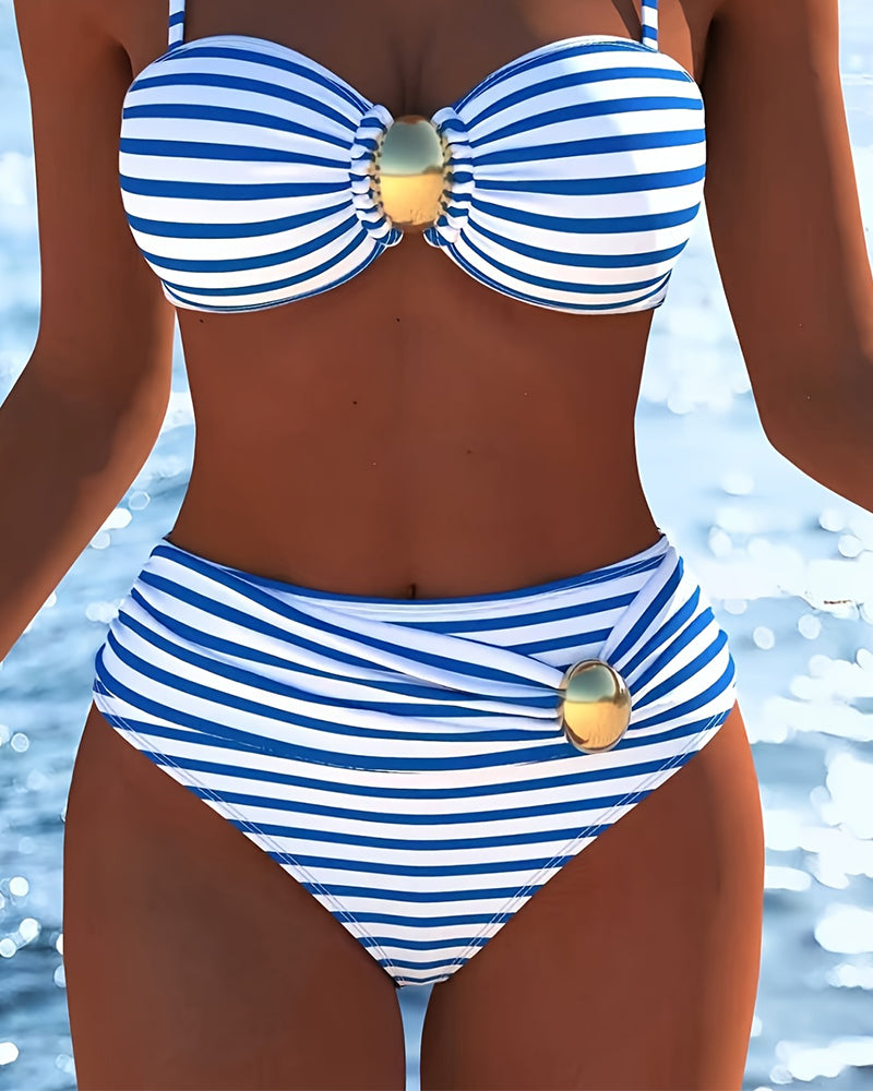 Bikini Bretelles Spaghetti Rayé Bouton Plastique