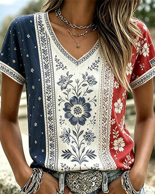 T-Shirts Colorblock Ethnique Floral Col V