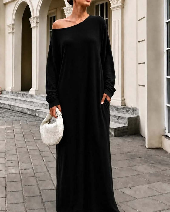 Robe Asymétrique Off-Shoulder Manche Longue Poche Maxi
