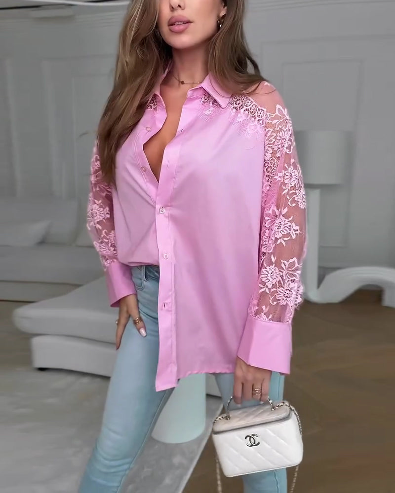 Chemise Élégante Dentelle Patchwork Revers